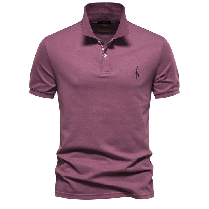 Sophisticated men's fashion polo, short sleeve, featuring a meticulously crafted deer embroidery.