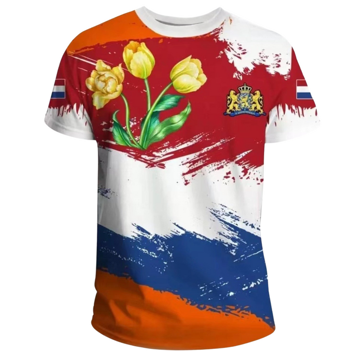 New men's graphic tee: 3D Netherlands Flag design. Limited 2024 Edition statement shirt for national pride.