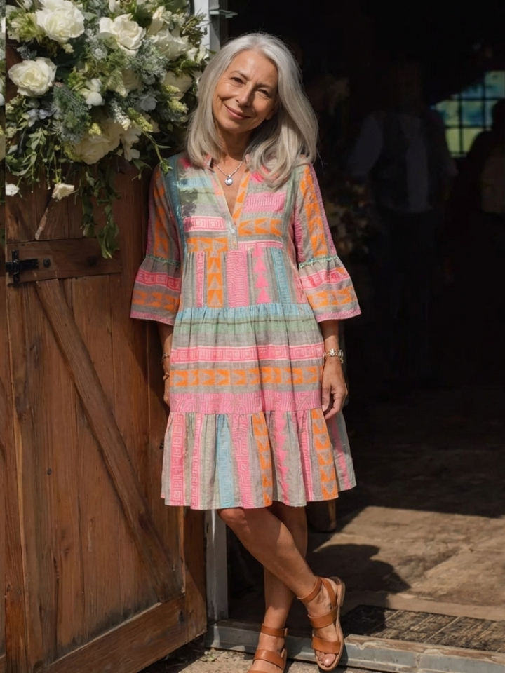 Elegant geometric print V-neck tiered knee-length dress for women. Pink summer casual wear with 3/4 sleeves.