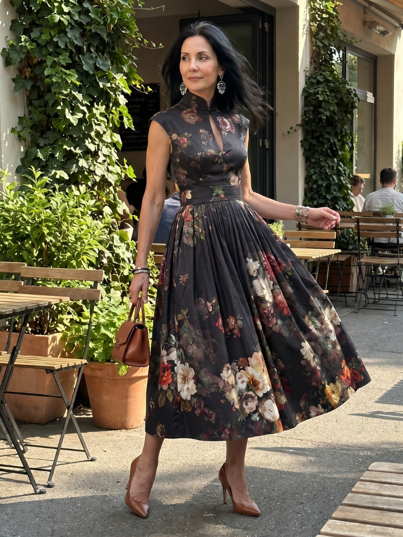 Floral pleated midi dress for women, sleeveless, high neck, keyhole detail. Ideal for parties & formal wear.
