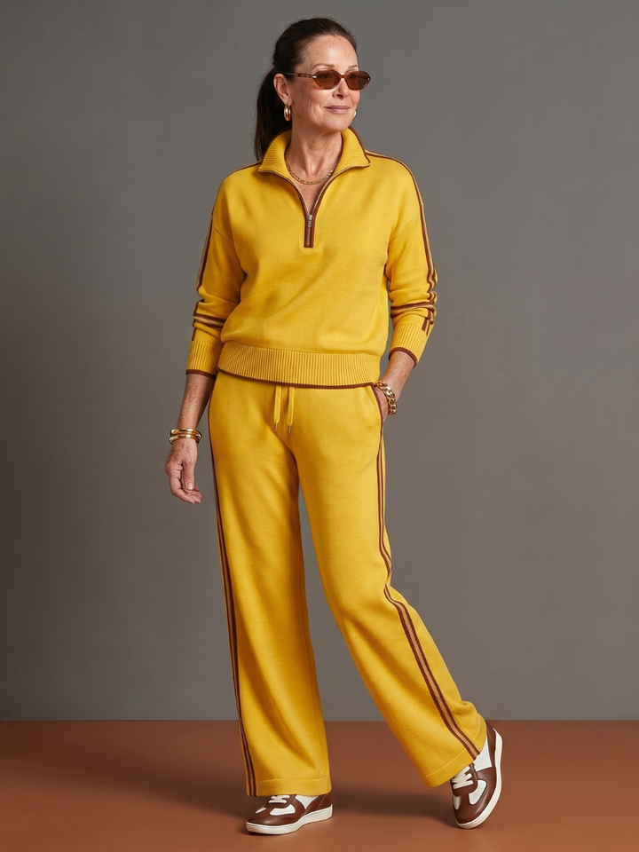 Women's cozy long sleeve zip neck top & relaxed fit wide leg pants set for ultimate comfort.