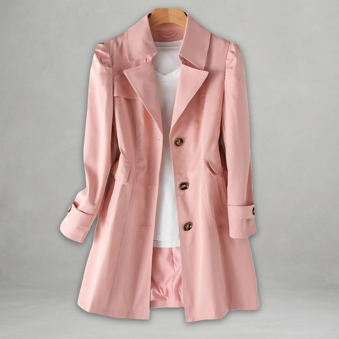 Full length view of women's chic spring trench coat, a perfect lightweight jacket for elegant and casual wear.