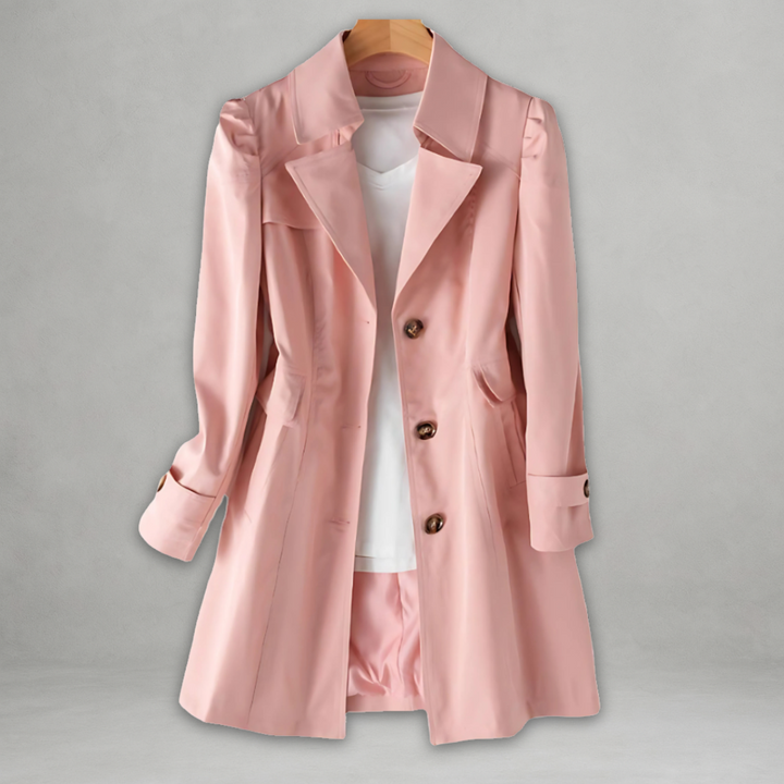 Full length view of women's chic spring trench coat, a perfect lightweight jacket for elegant and casual wear.