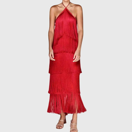 Stunning open-back halter tassel dress for women. Ideal elegant evening or special occasion party wear.