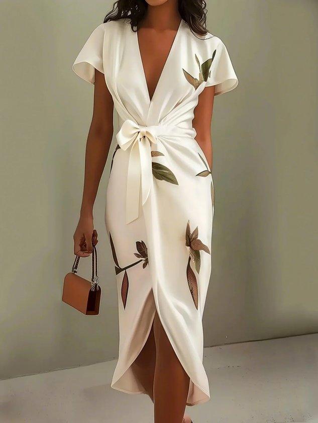Elegant women's wrap midi dress in light blue or white, a flattering design for formal events & special occasions.