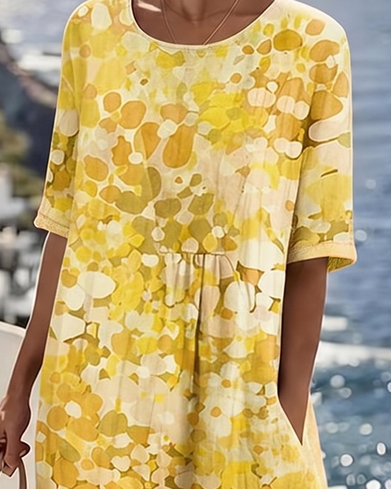 Women's A-line airy floral print midi dress, short sleeve, round neck, a spring/summer must-have.