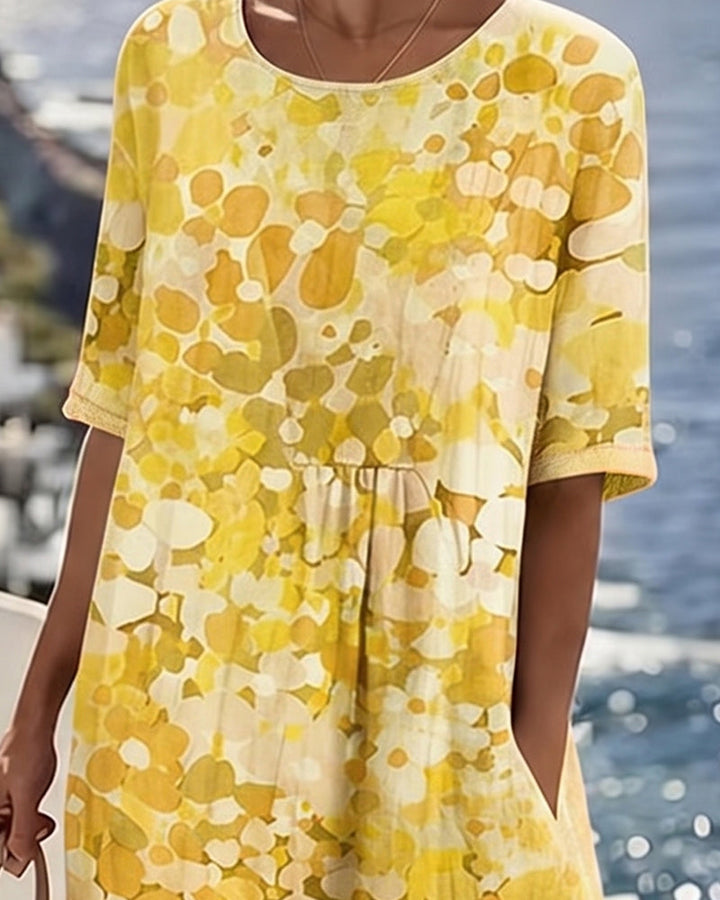 Women's A-line airy floral print midi dress, short sleeve, round neck, a spring/summer must-have.
