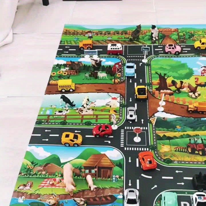 Large kids' play mat: detailed farm landscape & city traffic roads. A vibrant, durable mat for interactive adventures.