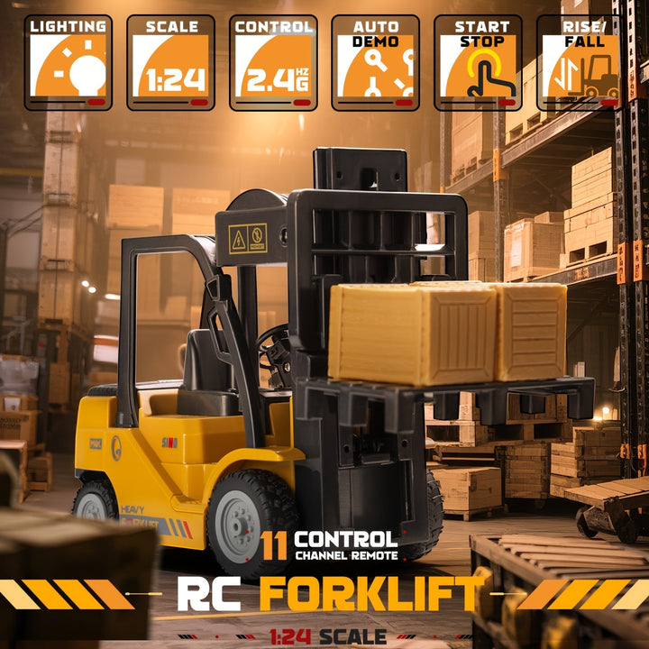 Dynamic RC forklift toy with lifting forks, bright lights, & detachable trailer for imaginative play.