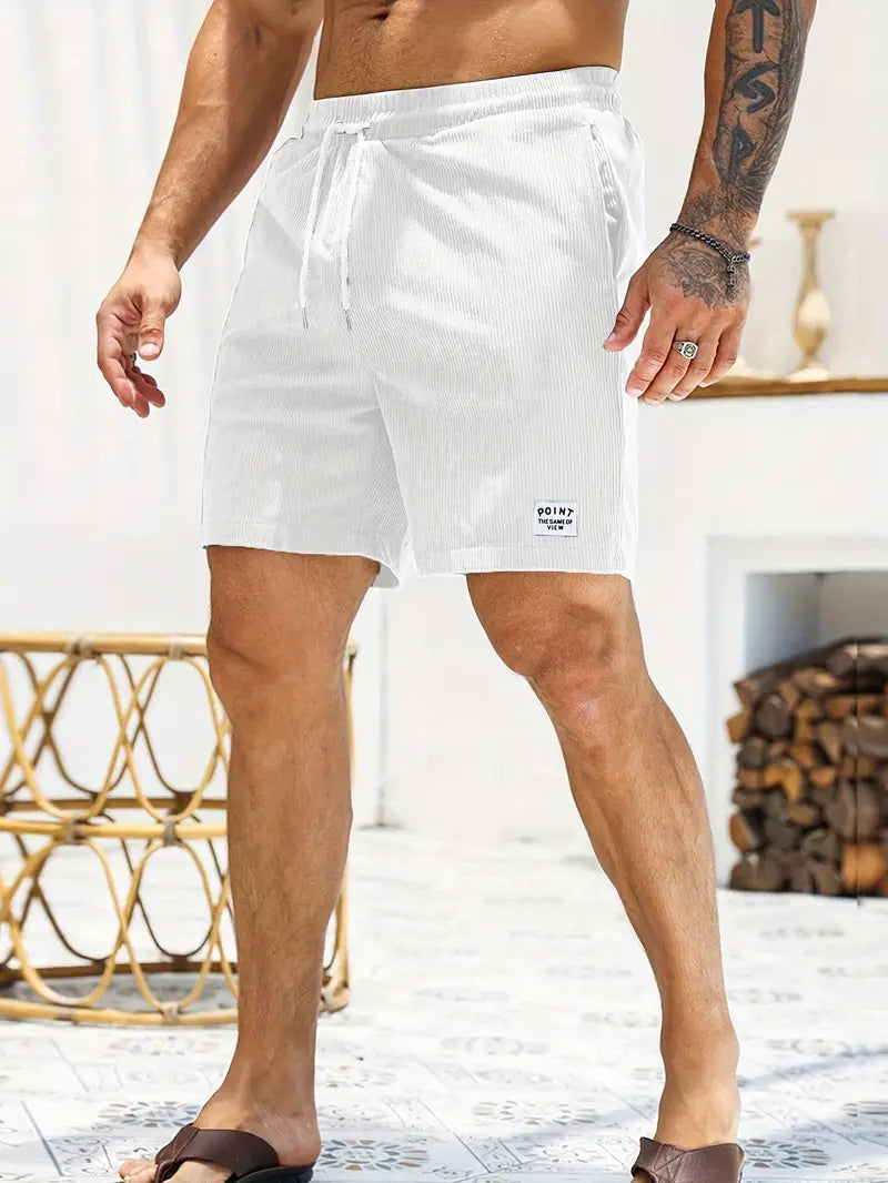 Striped men's quick-dry casual swim shorts with pockets, great for summer beach days.