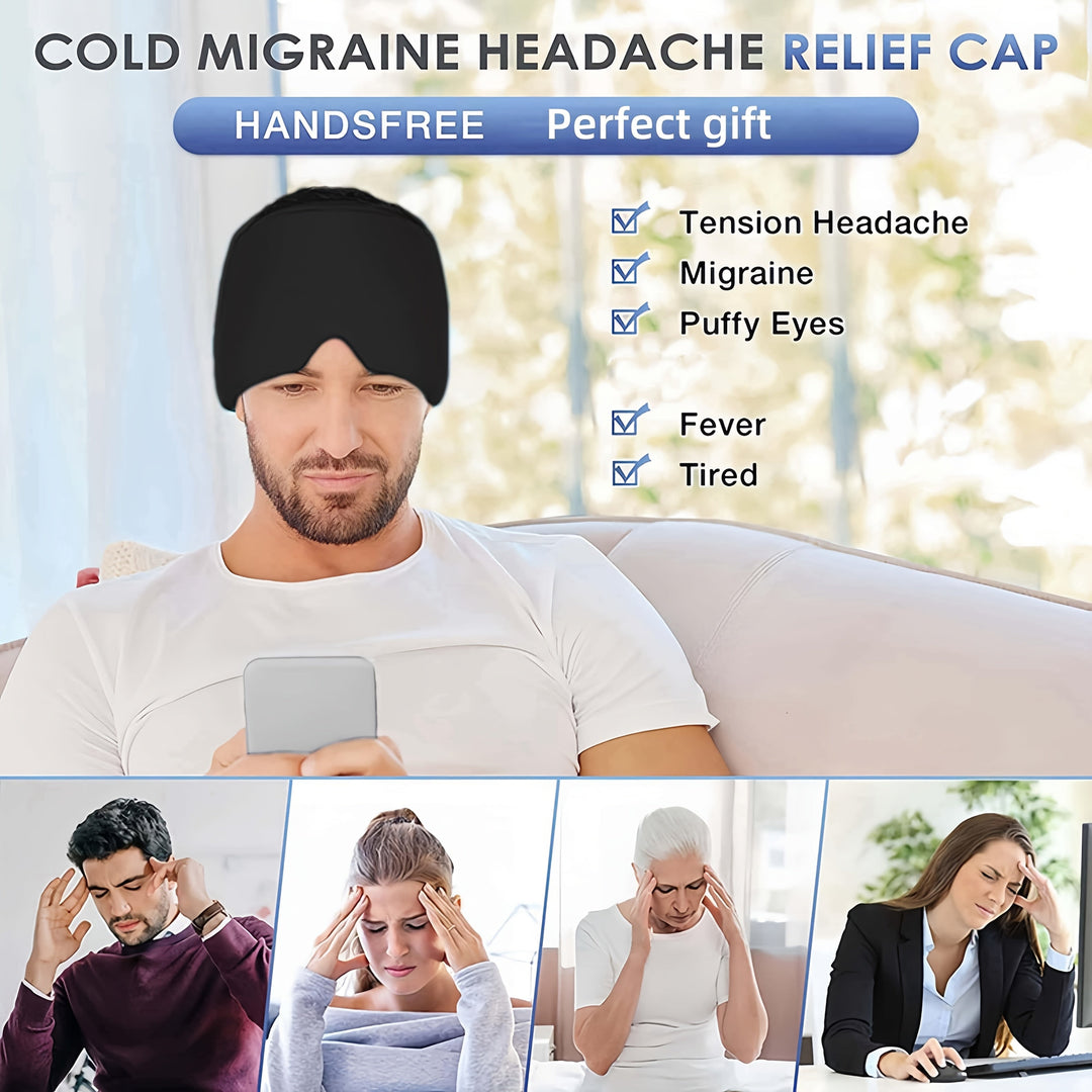 Soft, stretchy cooling migraine relief hat, hugging the head for soothing, wearable gel therapy.