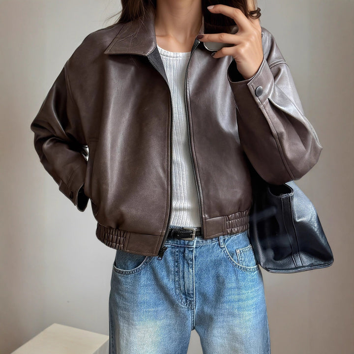 Stylish dark brown long sleeve women's fashion outerwear jacket, perfect for versatile styling & all seasons.
