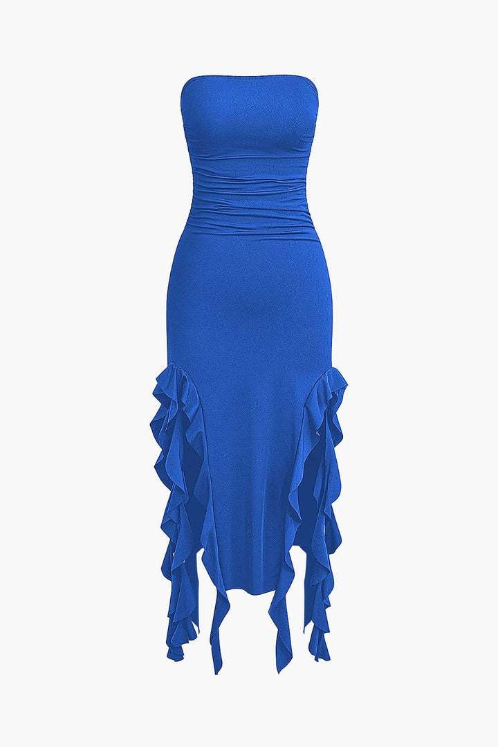 Statement strapless bodycon midi dress with a chic fringe hem, perfect for cocktail parties.