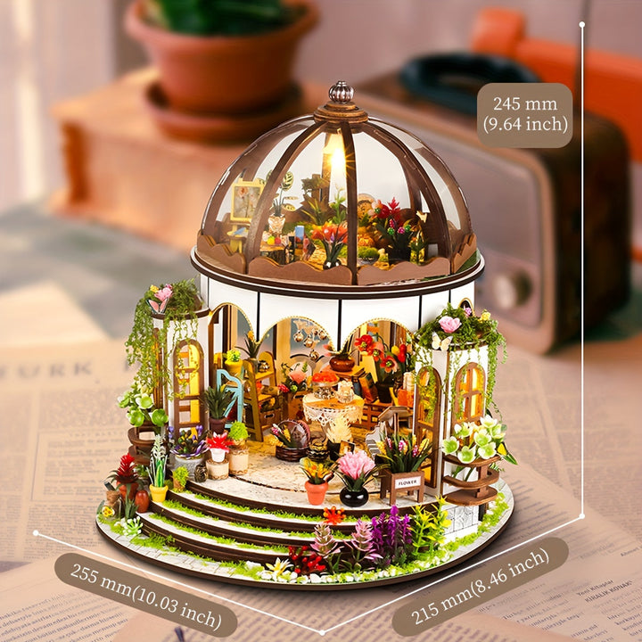 DIY miniature flower house 3D wooden puzzle kit, featuring a charming garden model and soft LED lighting.