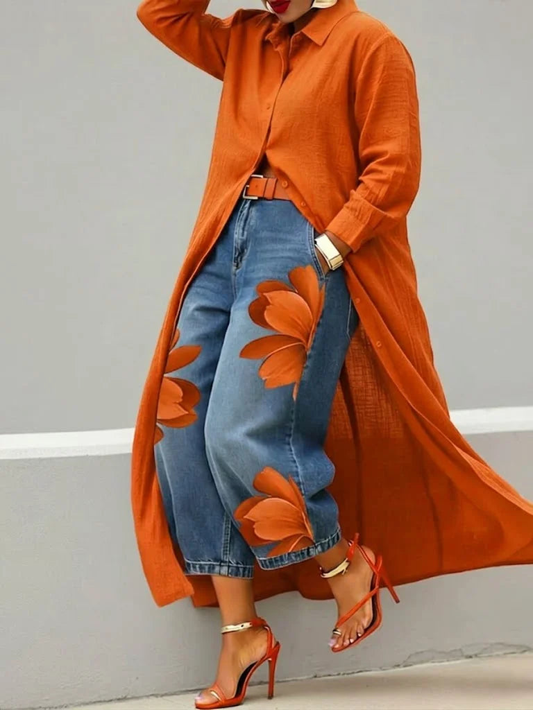 Chic women's shirt dress paired with trendy floral print jeans. Perfect casual wear two-piece outfit.