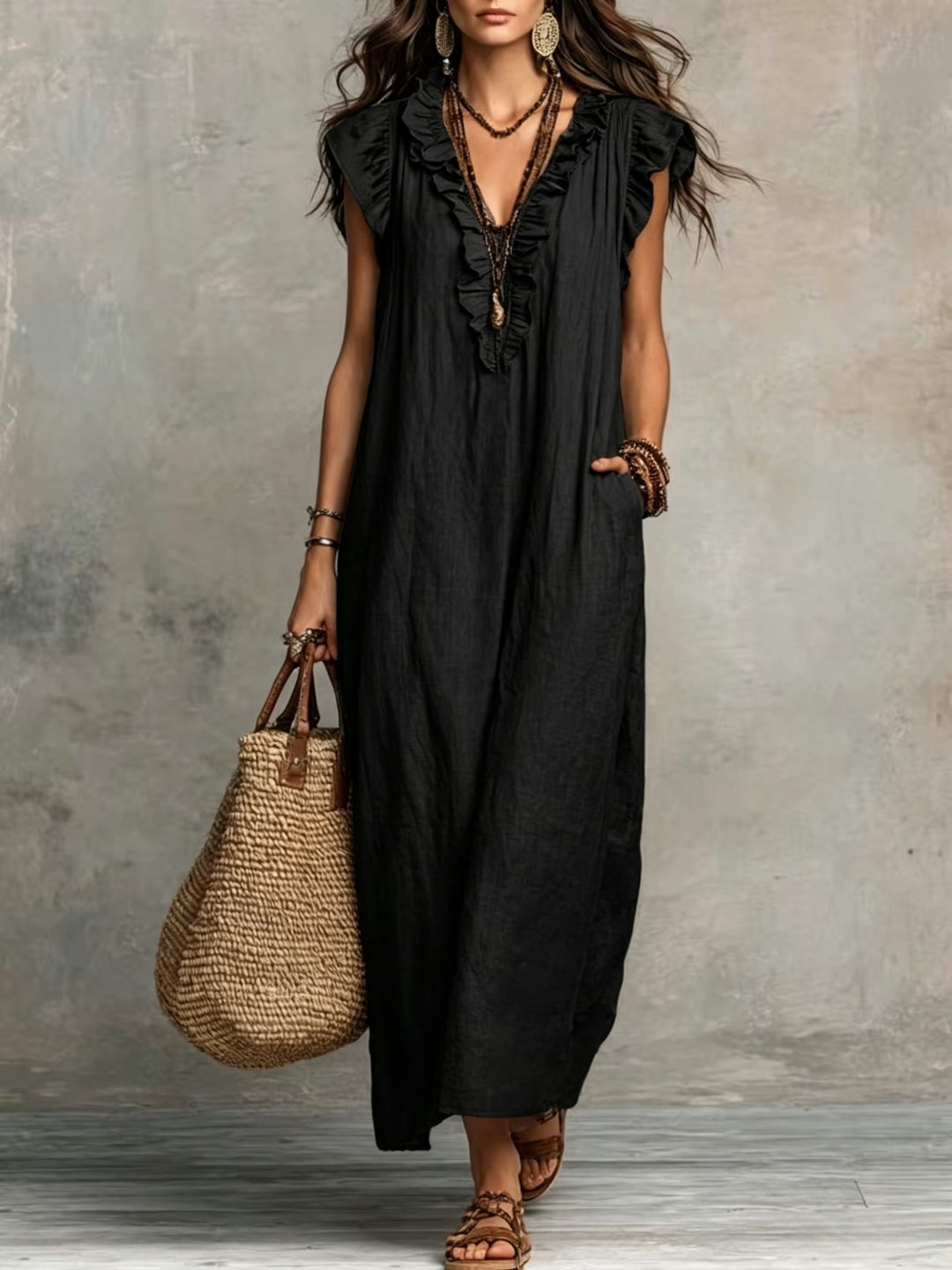Stylish Women's Nola Ruffle Sleeveless Dress. Light, flowy midi with ruffles, great for casual summer or vacation.