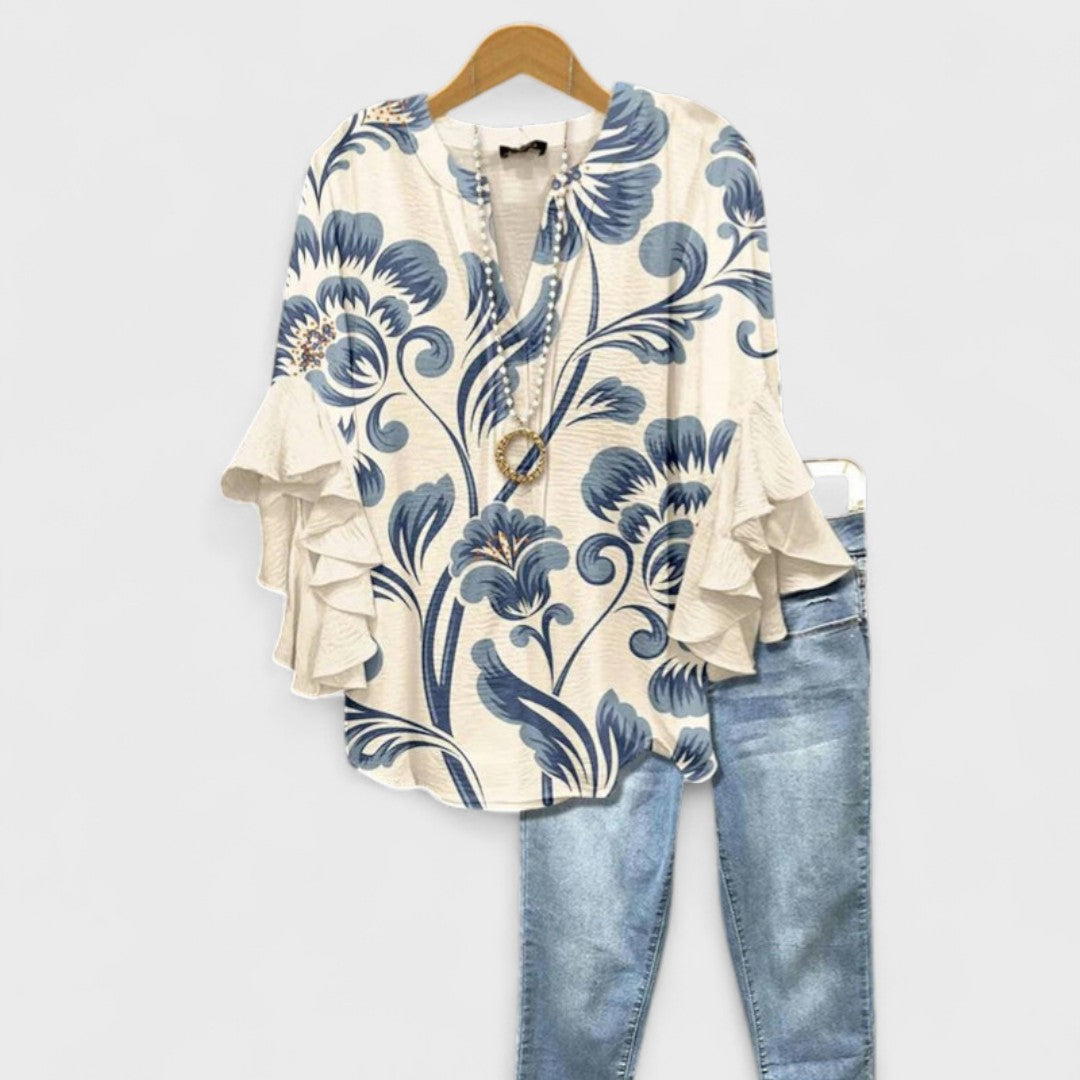 Elegant women's V-neck blouse with chic ruffle sleeves, perfect for summer fashion and casual wear.