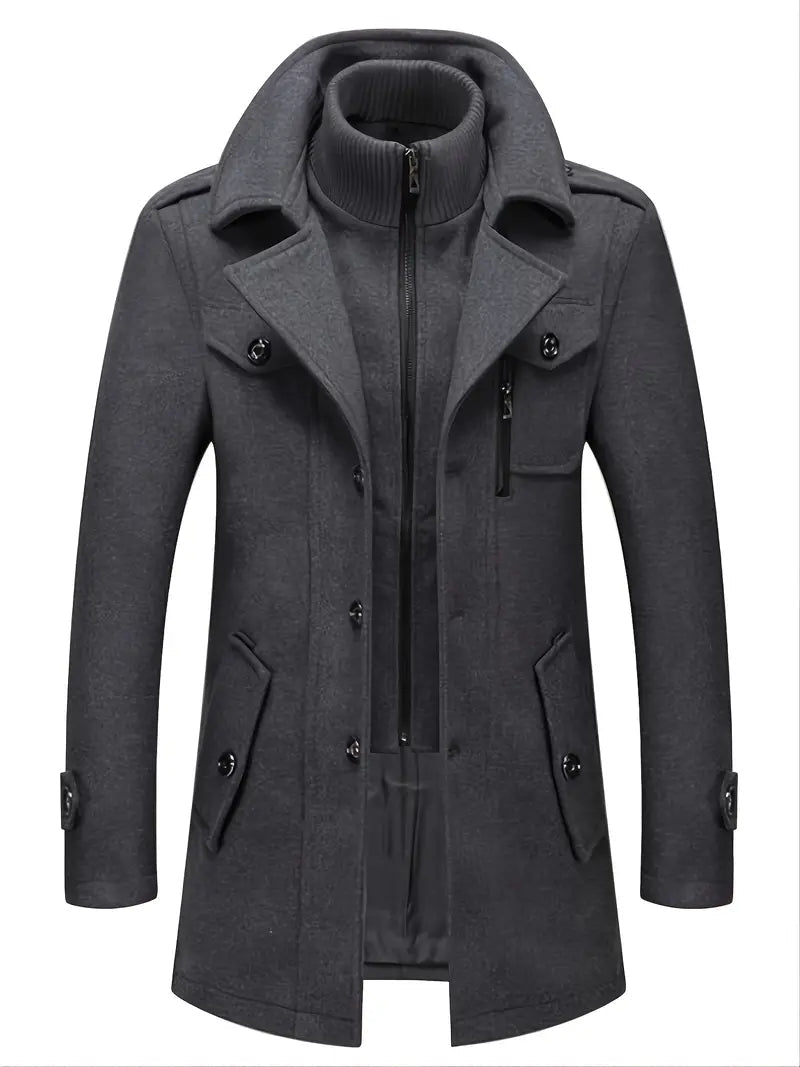 Men's warm winter jacket: classic double breasted pea coat. Stylish fall fashion overcoat, perfect for cold days.