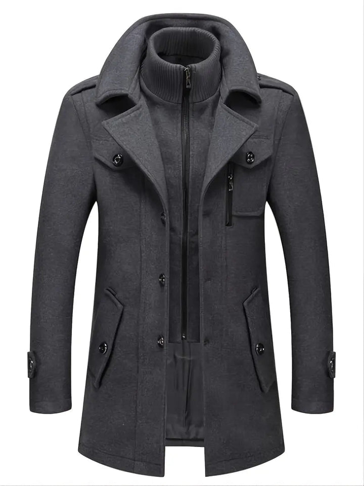 Men's warm winter jacket: classic double breasted pea coat. Stylish fall fashion overcoat, perfect for cold days.