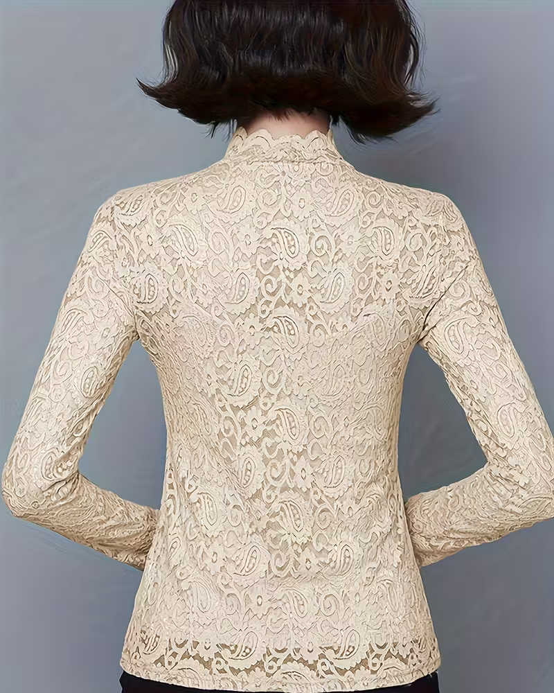 Versatile women's solid color lace top, long sleeve, chic stand collar style.