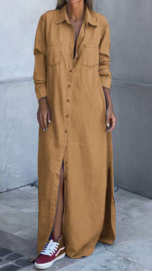 Relaxed fit long sleeve shirt dress for women. Chic lapel design ensures comfort & versatile everyday style.