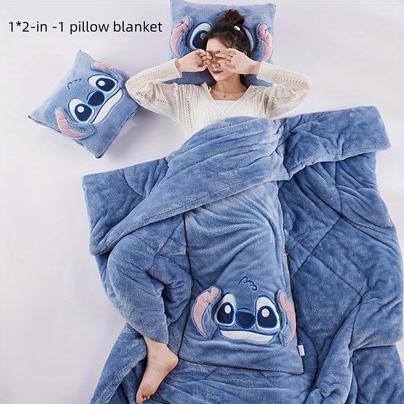 Blue Stitch character plush blanket and pillow. Unisex 2-in-1 gift for ultimate coziness & comfort.