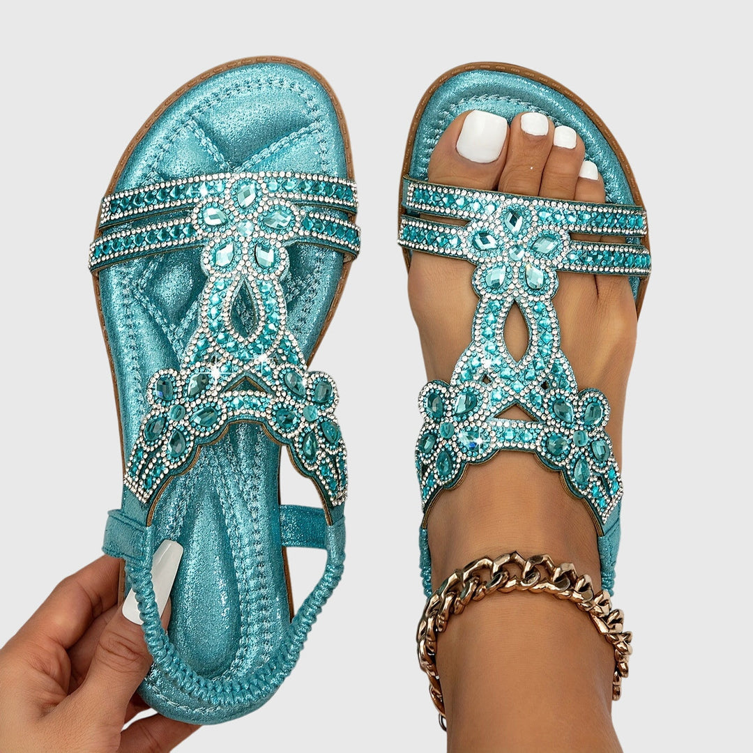 Women's orthopedic sandals, secure back strap, stylish decorative stones, true comfort.
