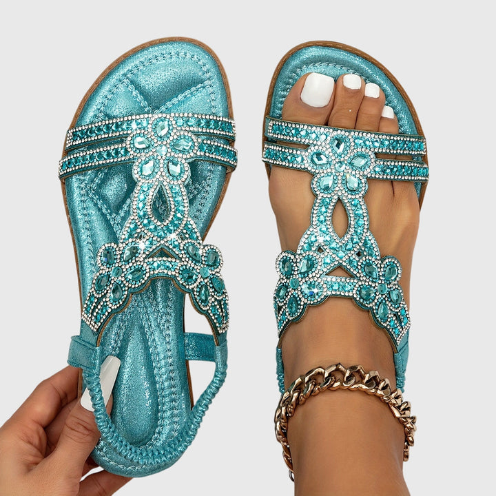 Women's orthopedic sandals, secure back strap, stylish decorative stones, true comfort.