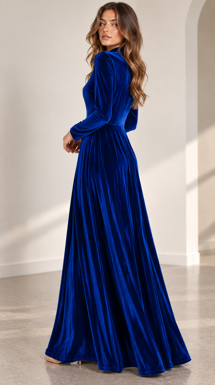 Chic long-sleeve A-line midi dress, ideal for autumn or winter wedding guests and formal occasions.