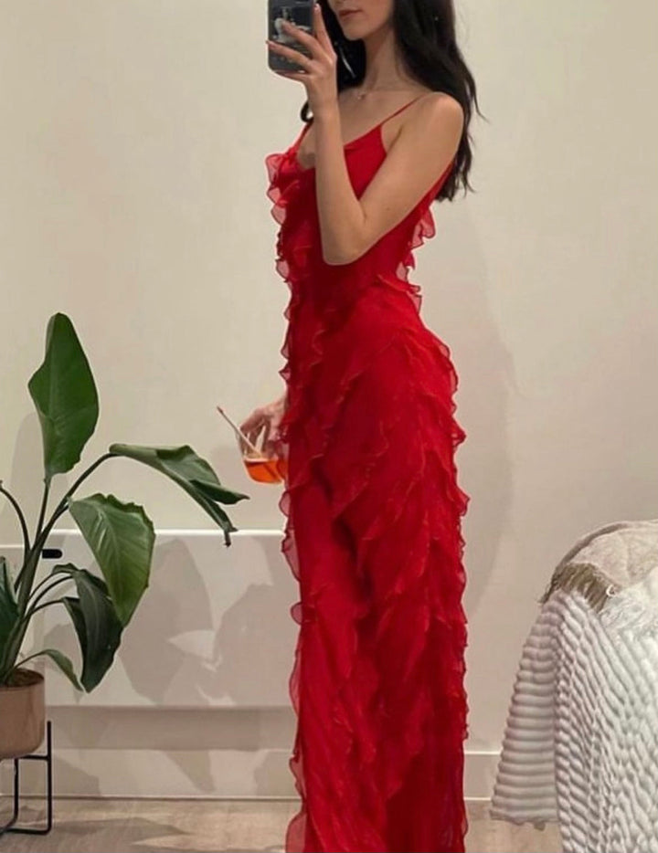 Elegant women's ruffled maxi dress, great for casual chic or formal occasion styling.