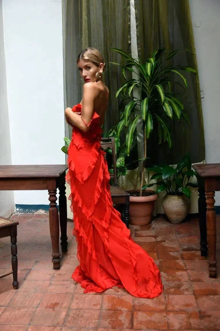Graceful women's elegant ruffled maxi dress, with a flattering silhouette for special events.