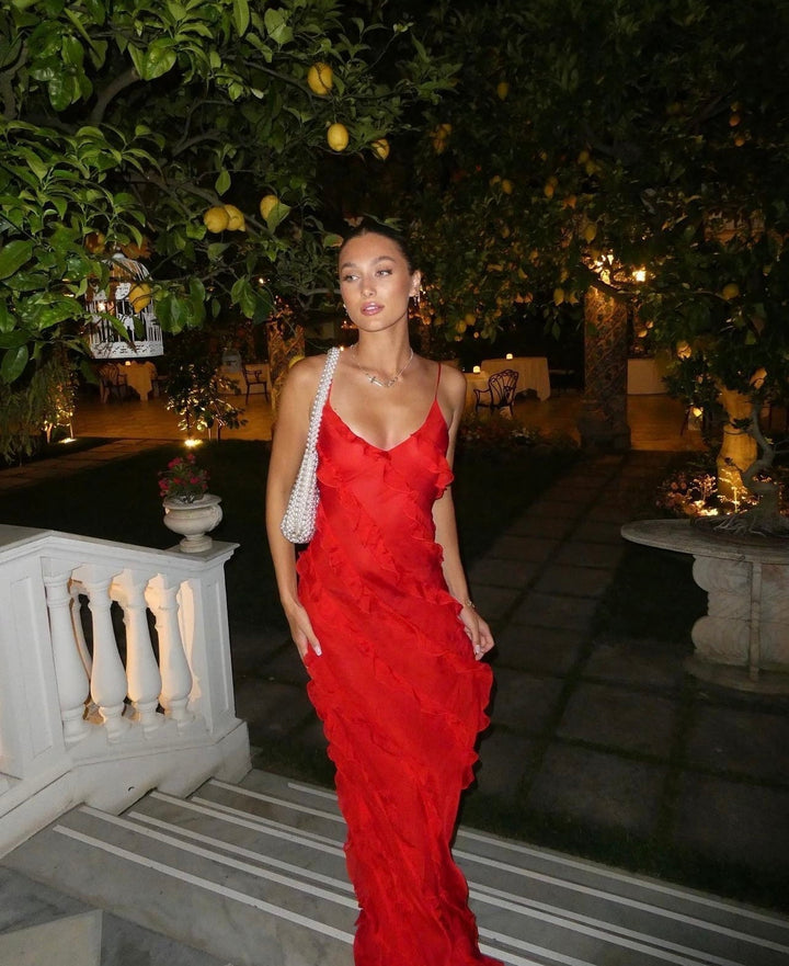 Women's sophisticated ruffled maxi dress, ideal for wedding guests or formal events.