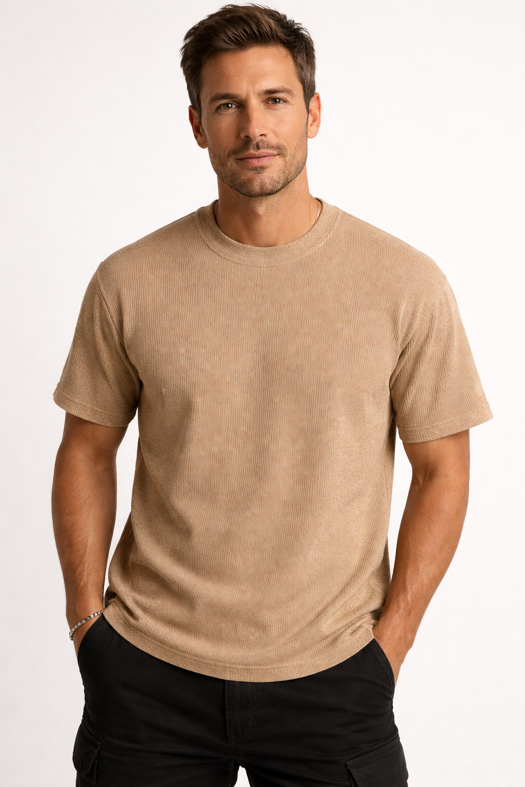 Men's textured short sleeve t-shirt, relaxed fit, ideal for summer casual wear.