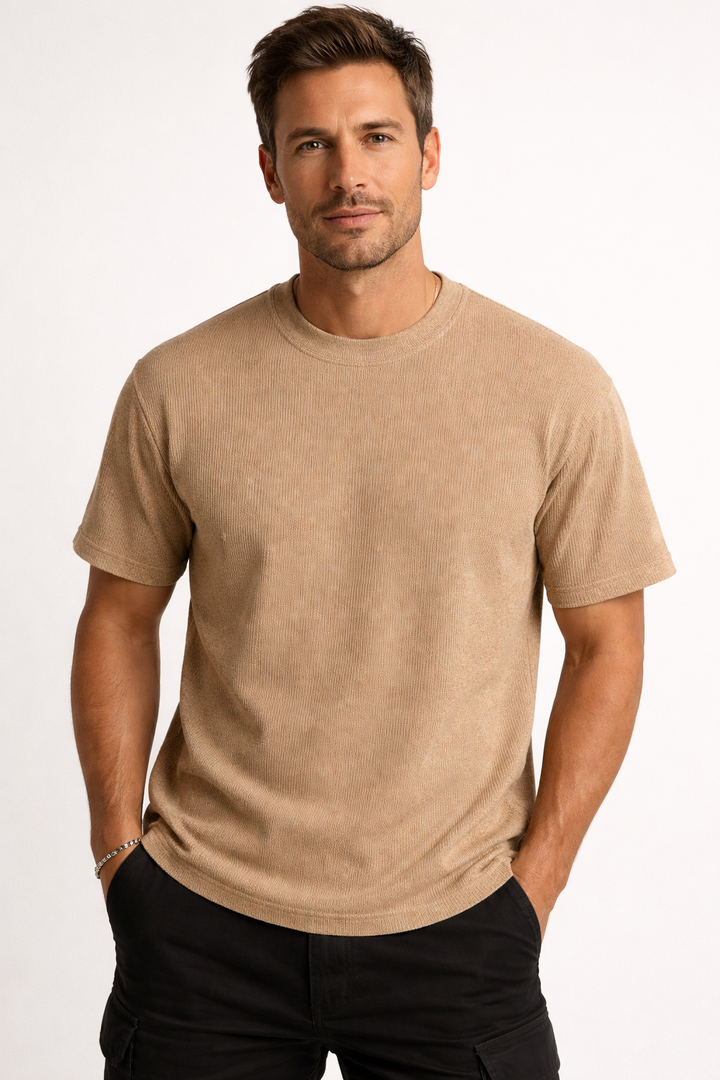 Men's textured short sleeve t-shirt, relaxed fit, ideal for summer casual wear.