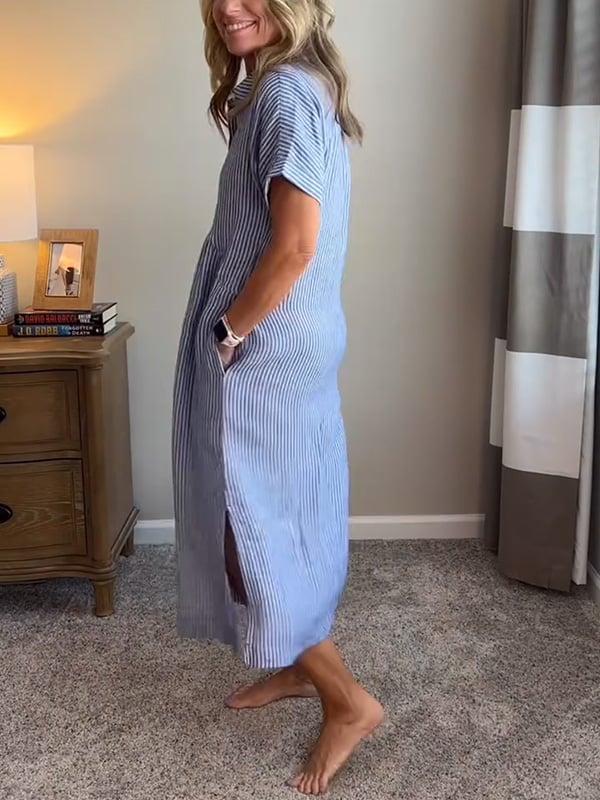 Women's long striped maxi shirt dress, an elegant button-down design, perfect for summer or office fashion.