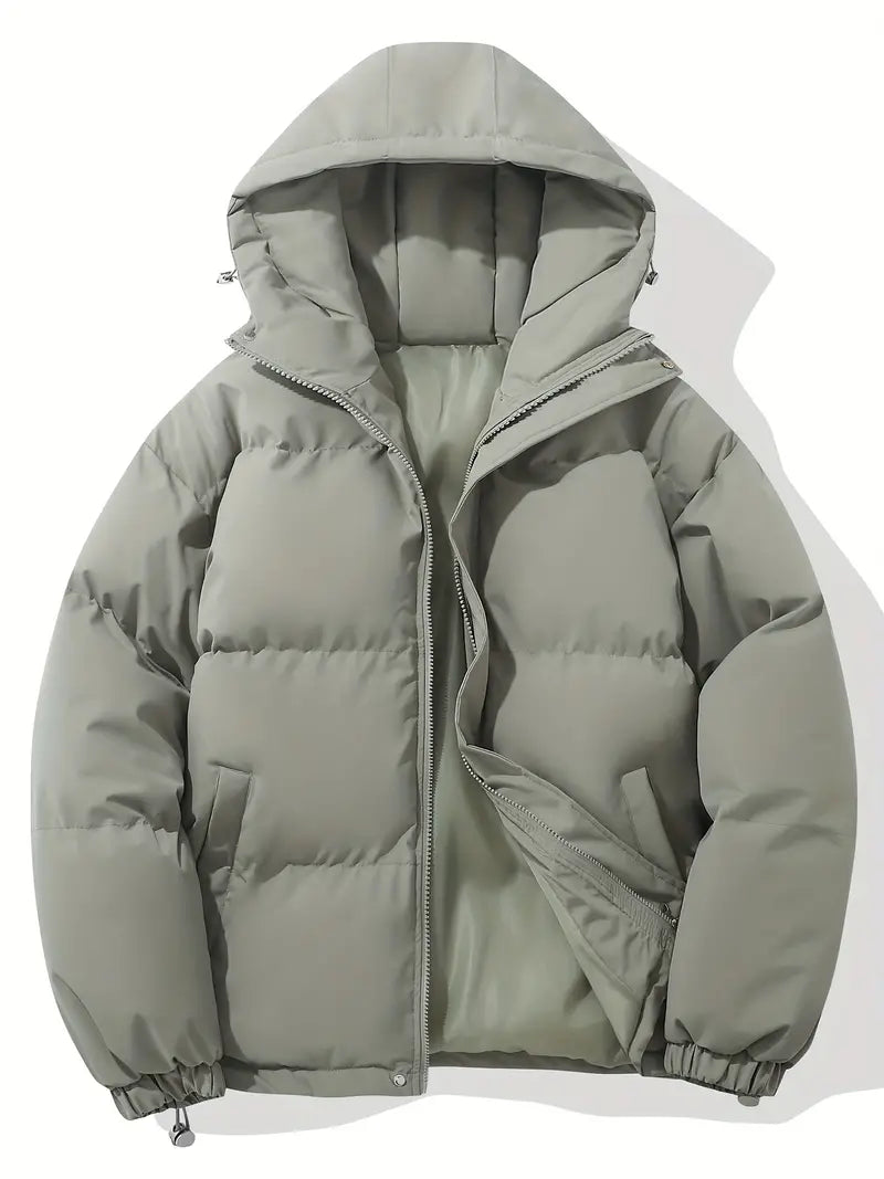 Back view of a women's stylish hooded puffer jacket, showcasing its quilted design and warm winter outerwear fit.