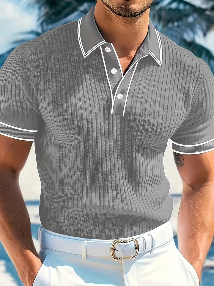 Modern men's color-blocked short sleeve polo shirt. Ideal for contemporary men's fashion & comfortable everyday style.