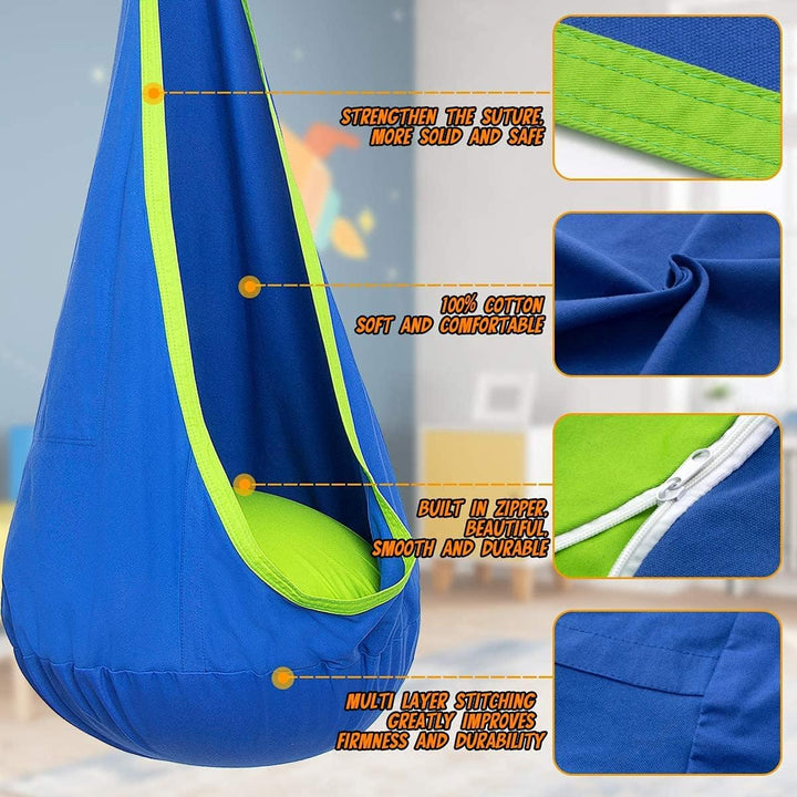 Kids' comfort hanging chair, soft cotton canvas for ultimate relaxation & gentle swinging.