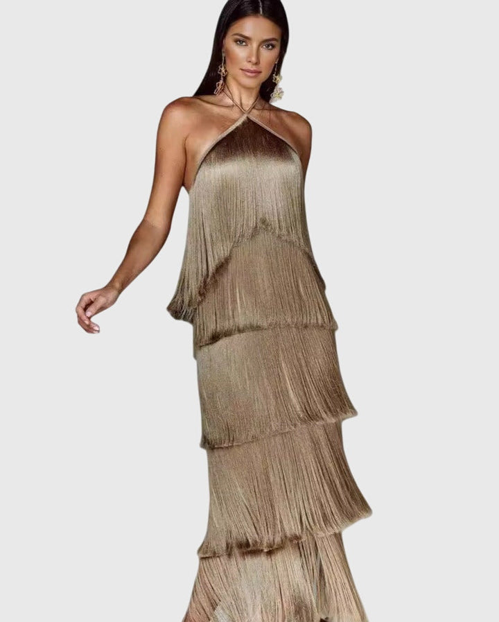 Versatile women's elegant halter dress with tassels. Perfect for cocktail parties, evening, or special occasions.
