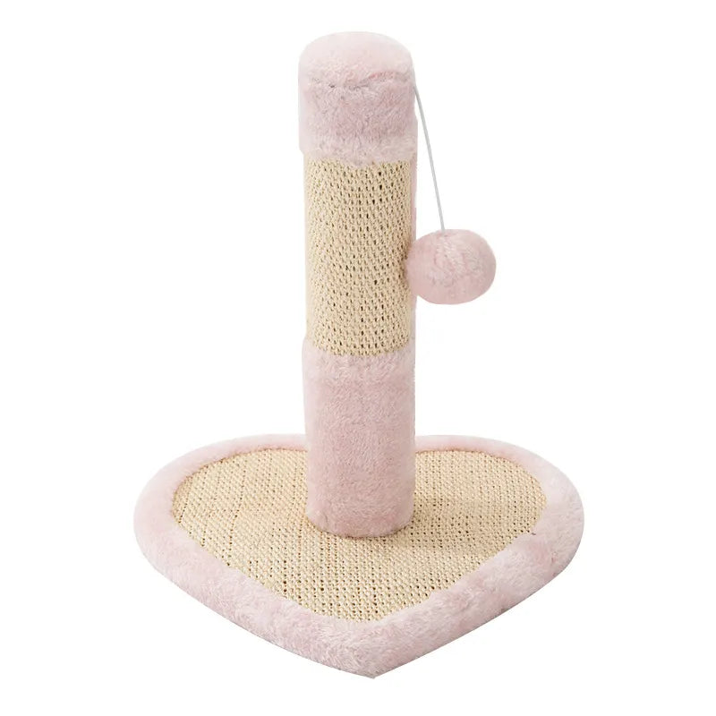 Playful cat scratching post with sisal rope, attached toy, and heart & star patterns.