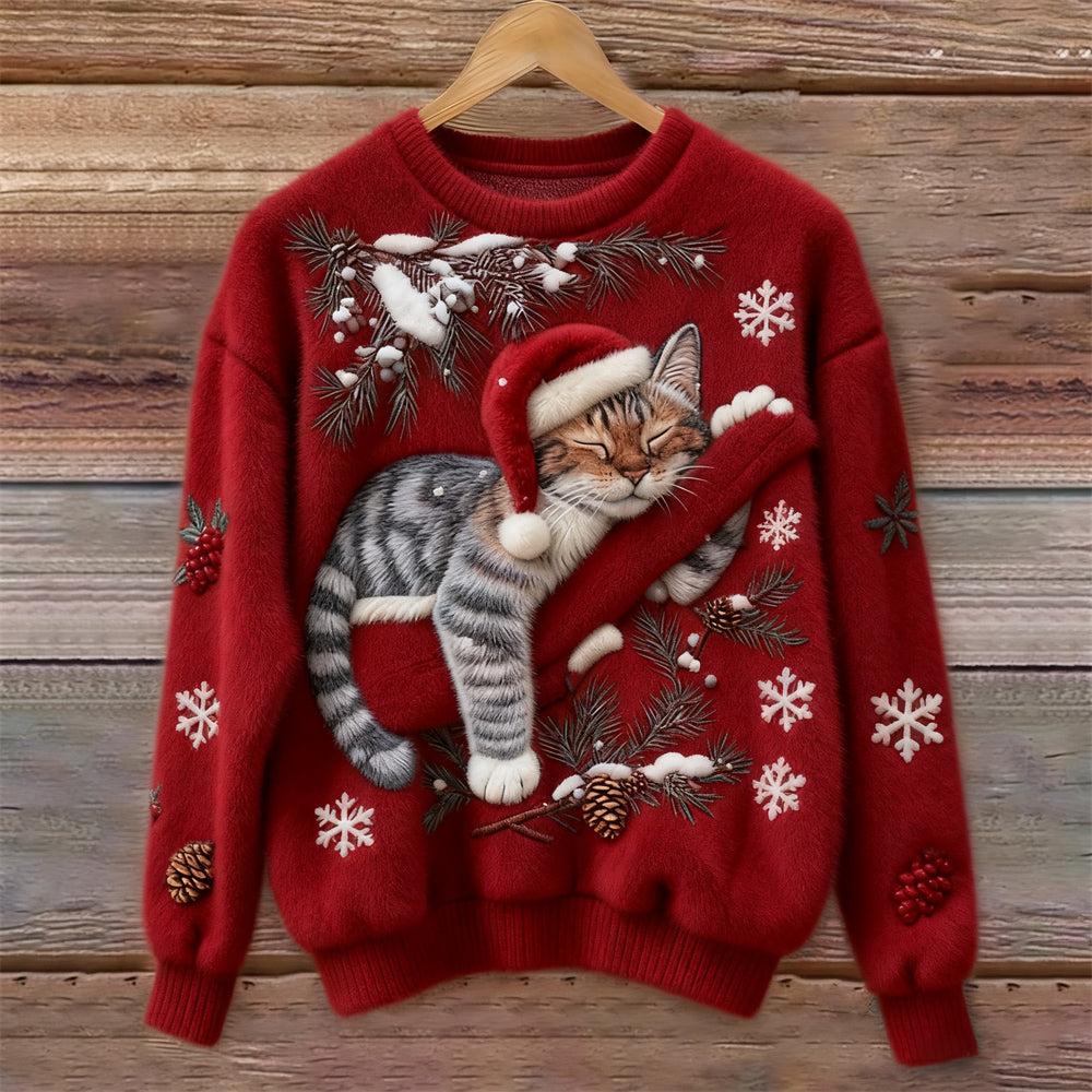 Graphic women's cat print sweater, a cozy crew neck gift idea for holiday fashion and winter apparel.