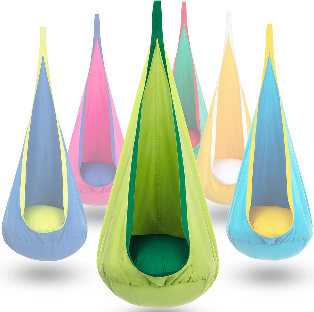 Kids' comfort swing for indoor/outdoor use, cotton canvas, playful & relaxing.