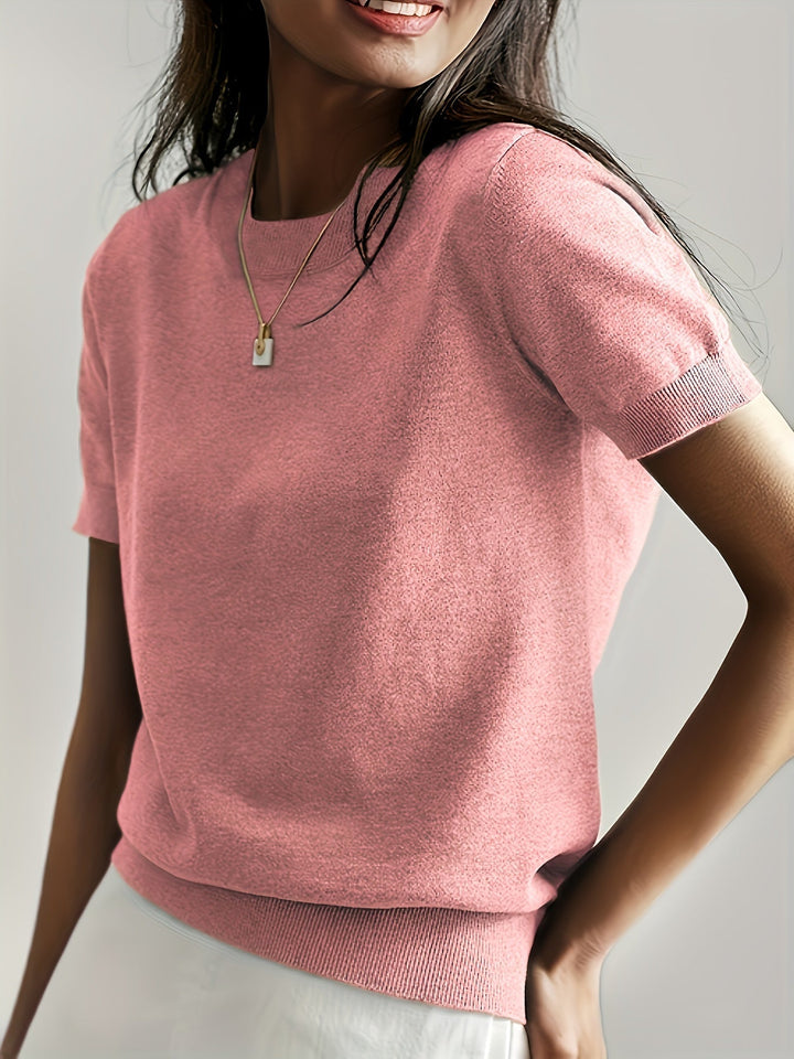 Women's versatile short sleeve soft knit sweater, ideal for all-season elegant casual everyday style.