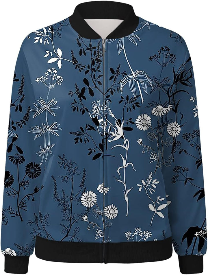 Women's light floral print bomber jacket, stylish outerwear perfect for spring & fall fashion.