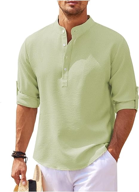 Versatile men's casual shirt featuring a sleek band collar. Relaxed fit top, perfect for modern men's fashion.