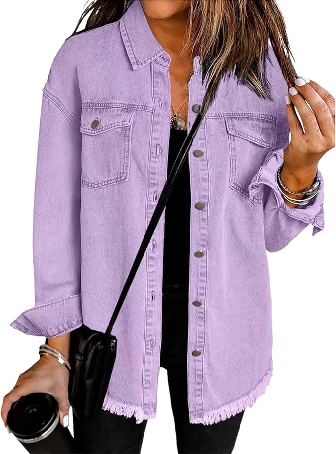 Casual women's oversized button-front outerwear jacket, a comfortable everyday fashion statement.