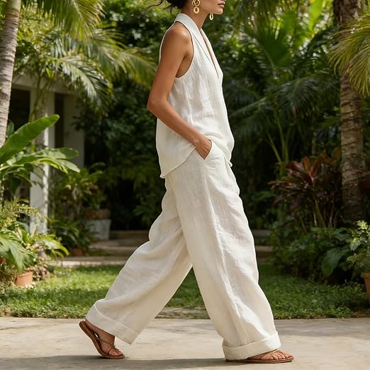 Linen blend women's two-piece outfit with a loose batwing top & wide-leg pants. Effortless summer fashion.