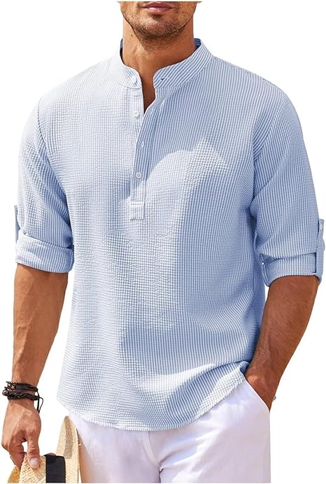 Relaxed fit men's casual shirt with a band collar. This comfortable and versatile top is great for everyday summer style.