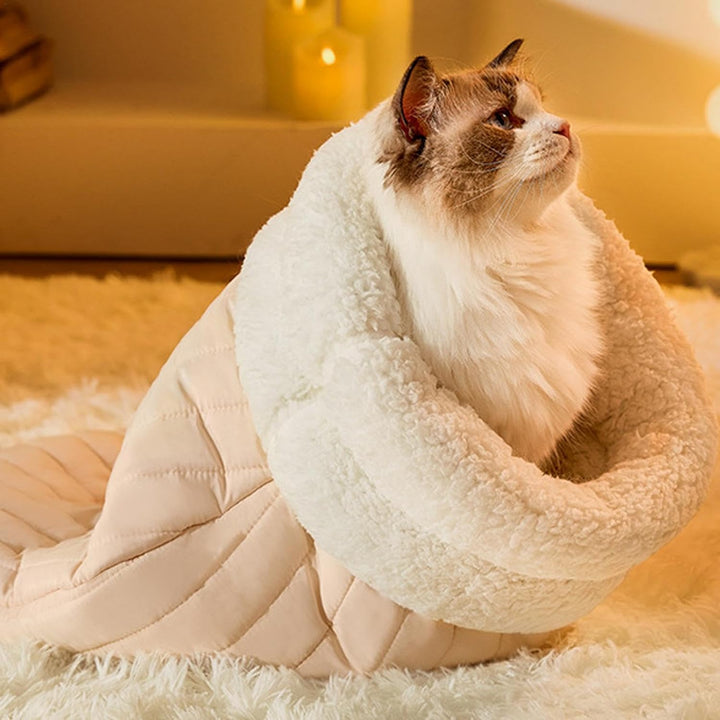 Plush cat sleeping bag, a cozy pet hideaway bed for ultimate comfort. Soft, secure & washable.