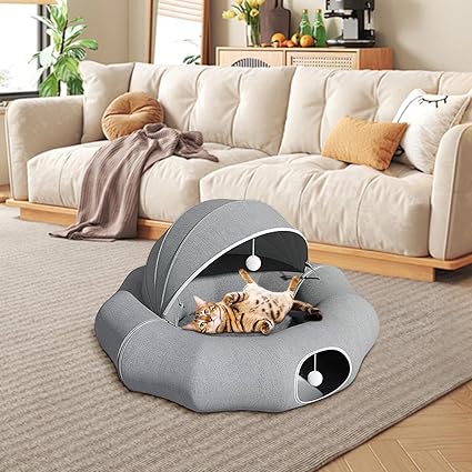 Cozy cat & small dog bed with a removable roof and play toy. Ideal pet furniture for comfort & fun.
